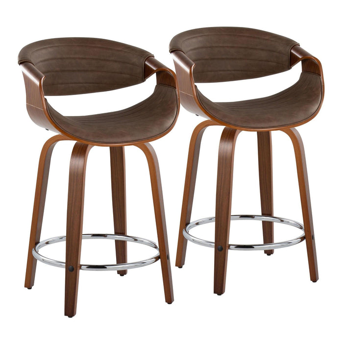 Symphony - 24" Fixed-Height Counter Stool With Swivel - Walnut Wood And Espresso Faux Leather With Round Chrome Metal Footrest (Set of 2)