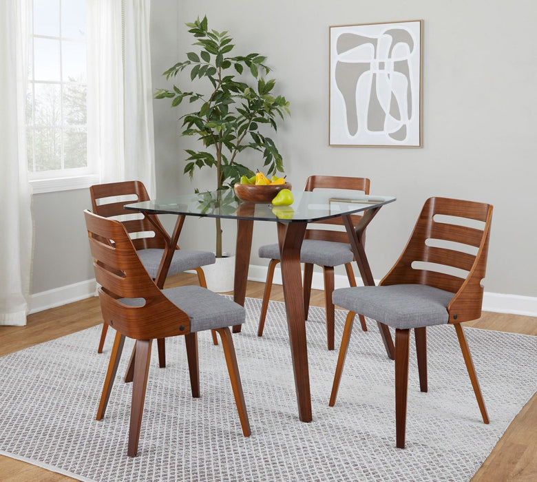 Folia - Square Fabrizzi - Dining Set - Walnut Wood, Round Clear Tempered Glass And Gray Fabric (Set of 5)