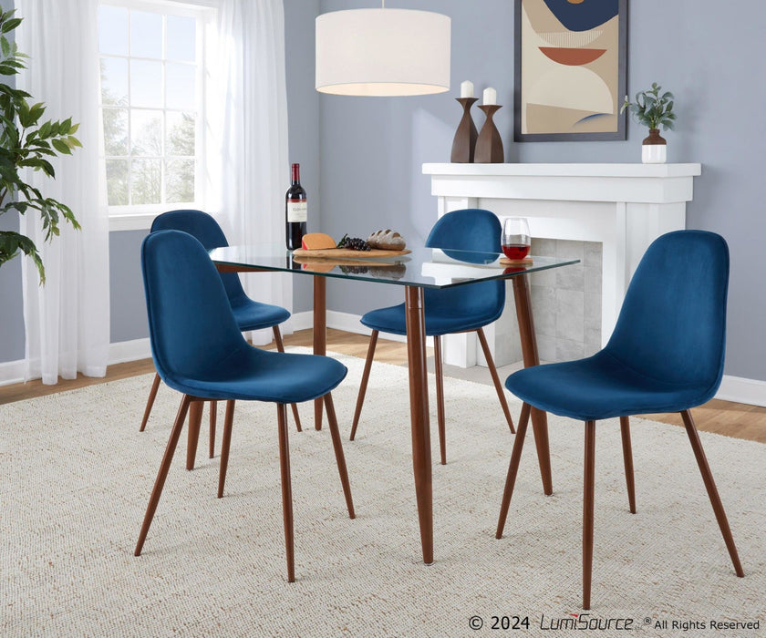 Clara - Pebble Dining Set - Walnut Metal, Clear Glass Tabletop And Blue Fabric Seat (Set of 5)