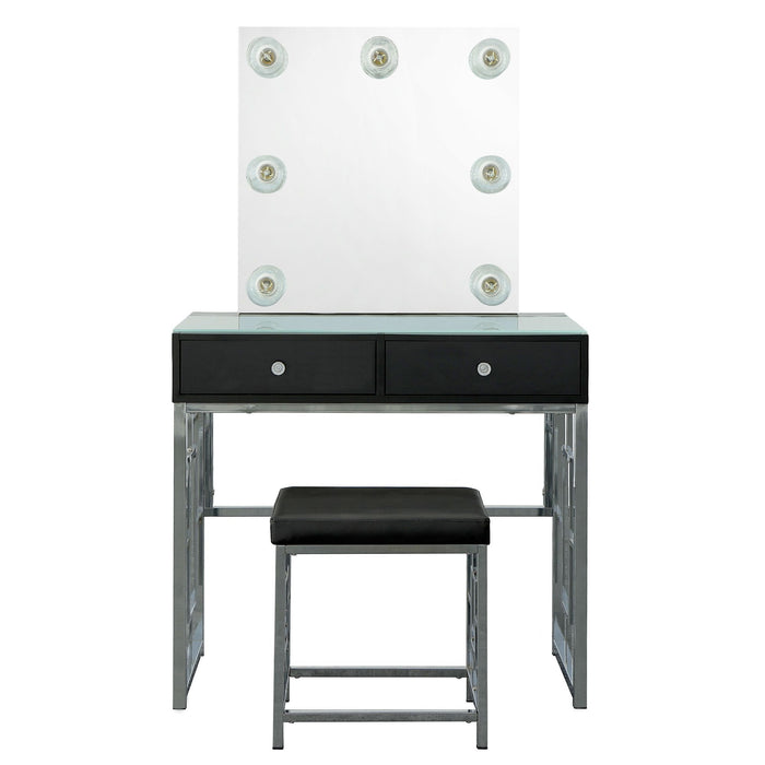 Margo - Vanity Table With Power / Mirror / Stool & Light - Chrome / Black