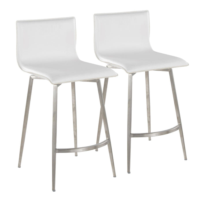 Mara - 26" Upholstered Fixed-Height Counter Stool With Swivel - Stainless Steel And White Faux Leather (Set of 2)