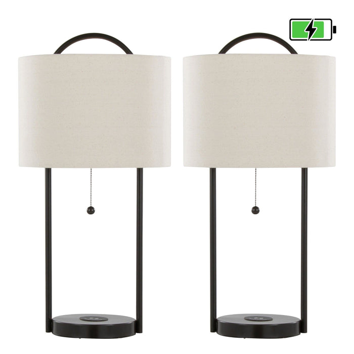 Porto - 28" Metal Table Lamp With Wireless Charging - Oil Bronze And Natural Linen Shade from Grandview Gallery (Set of 2)