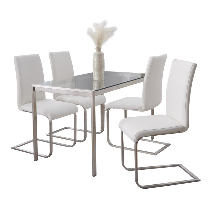 Fuji - Foster Dining Set - Stainless Steel, Clear Glass And White Faux Leather (Set of 5)