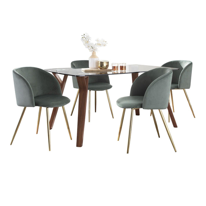 Folia - Fran - Dining Set - Walnut Wood, Clear Glass Tabletop And Gold Metal With Sage Green Velvet (Set of 5)