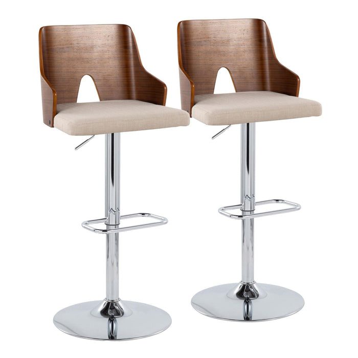 Ariana - Adjustable Barstool With Swivel - Chrome Metal, Walnut Wood And Beige Fabric With Rounded Rectangle Footrest (Set of 2)