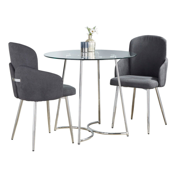 Cece - Dahlia Dining Set - Chrome Metal, Clear Glass Tabletop And Gray Fabric (Set of 3)