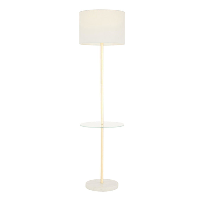 Chloe - Shelf Floor Lamp - White Marble Base, Clear Glass Shelf And White Linen Shade