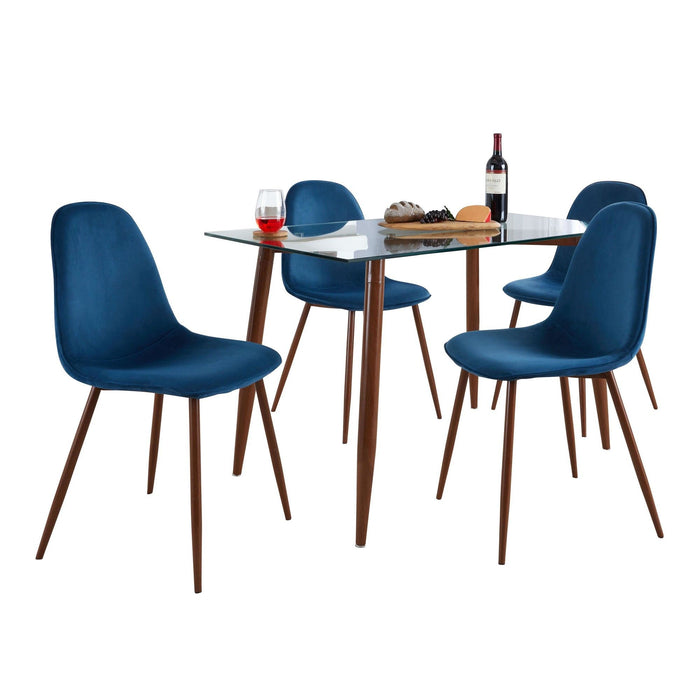 Clara - Pebble Dining Set - Walnut Metal, Clear Glass Tabletop And Blue Fabric Seat (Set of 5)