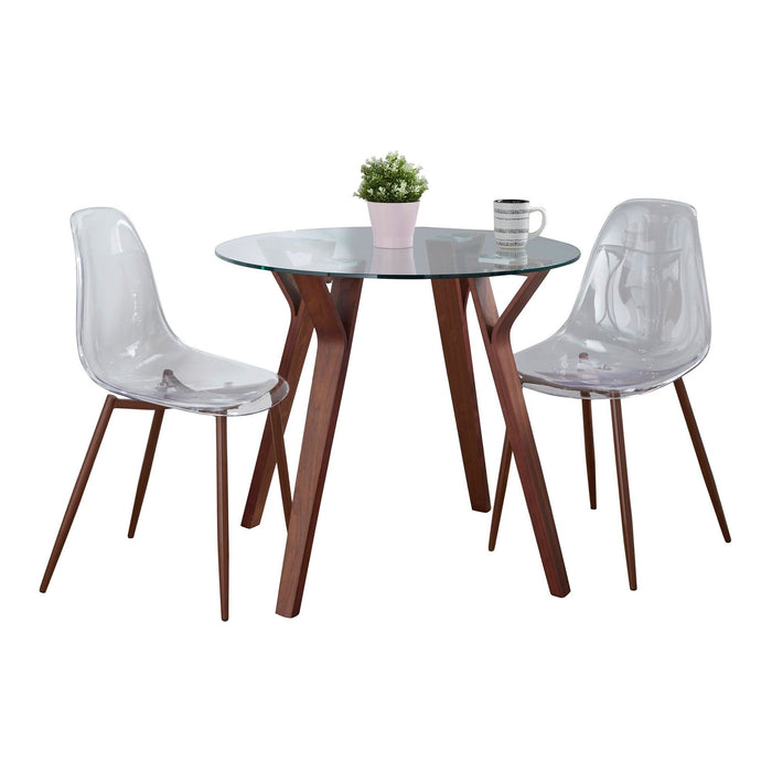 Folia - Clara Round Dining Set - Walnut Wood With Clear Glass Tabletop And Walnut Metal With Clear Acrylic (Set of 3)