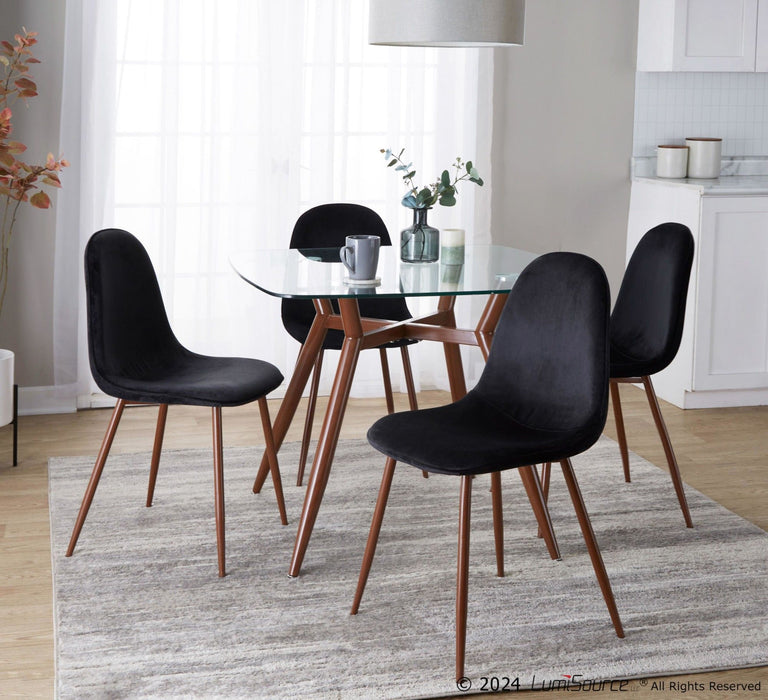 Clara - Pebble Dining Set - Walnut Metal, Clear Glass Tabletop And Gray Velvet Seat (Set of 5)