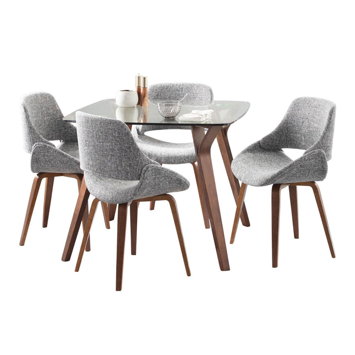 Folia - Square Fabrico - Dining Set - Walnut Wood, Round Clear Tempered Glass And Gray Fabric (Set of 5)