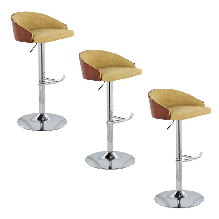 Shiraz - Adjustable Barstool With Swivel - Chrome Metal, Walnut Wood And Green Fabric With Rounded T Footrest (Set of 3)